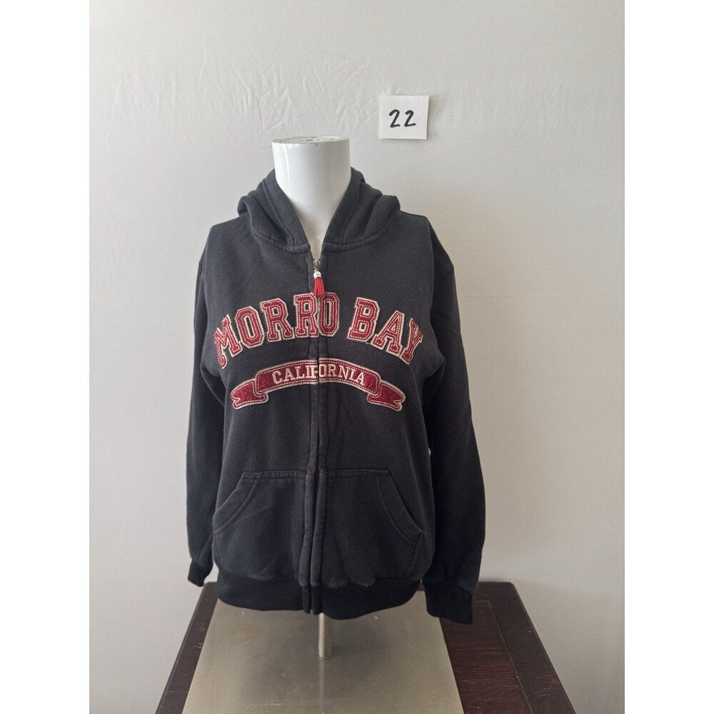 Morro Bay California Full Zip Hoodie Black Chenille Applique Graphic Women Large